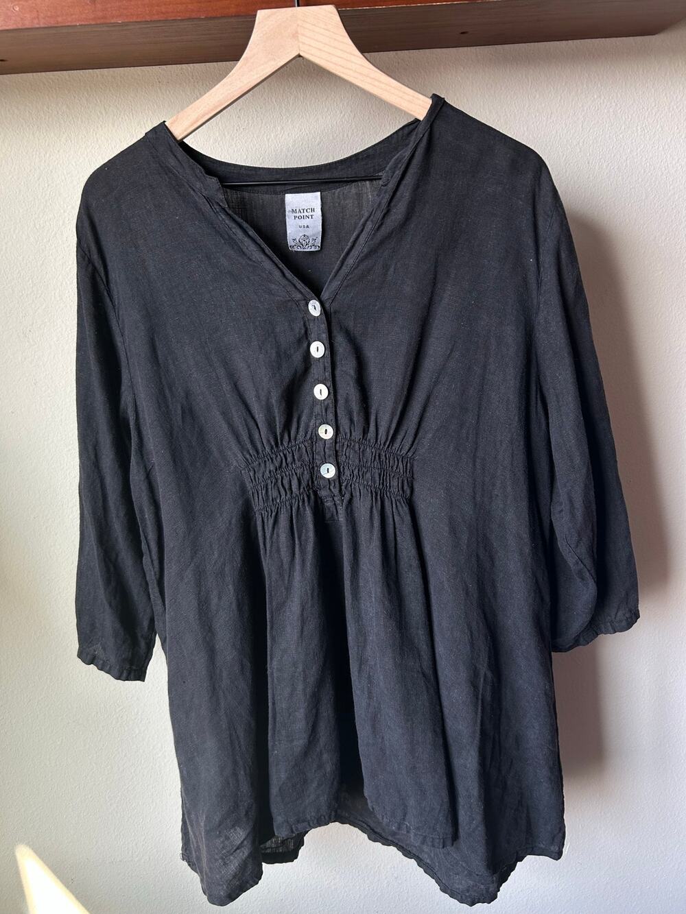 Match Point USA Lagenlook Gray 100% Linen Blouse Tunic Top Shirt Size XL